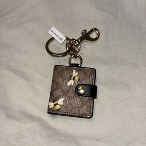 Coach Brown Yellow Bee Signature Leather Photo Frame  Keychain Purse Charm